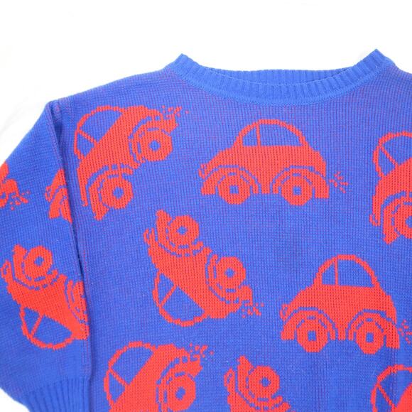Vintage 80s Fetagetti Blue and Red Car Print Sweater - Picture 2 of 4